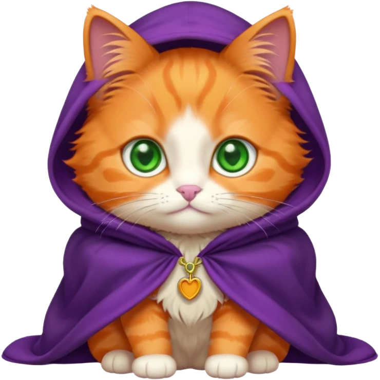 baby orange cat green eyes, in purple cloak emoji