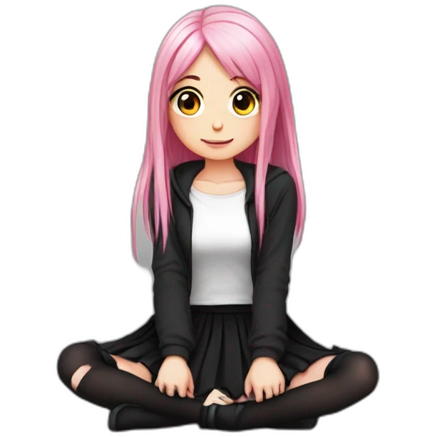 Full body Front view curvy emo girl pink hair sits on the floor straight view hands up black skirt полосатые рваные чулки emoji