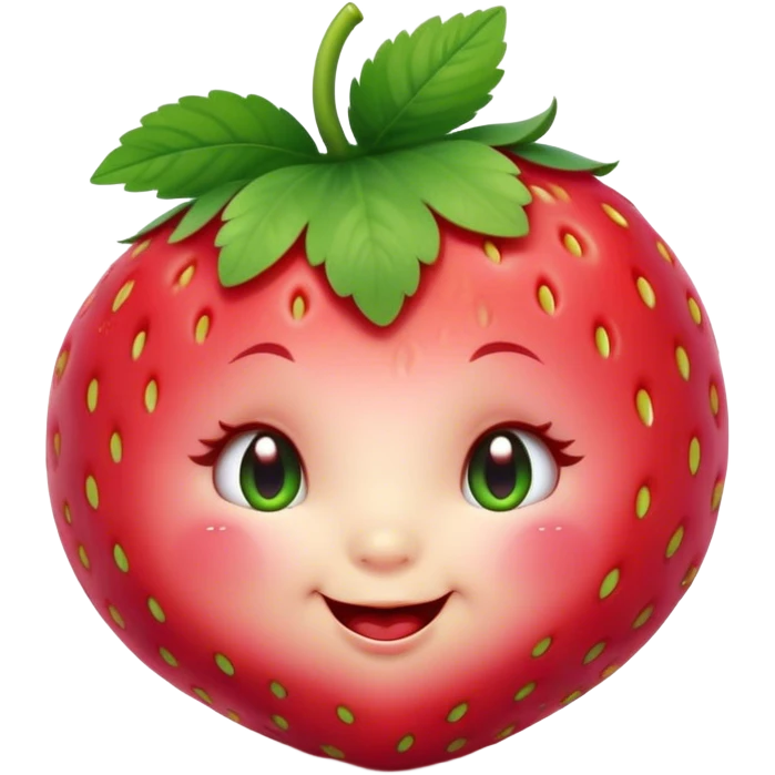 Cinematic plump happy strawberry, glossy bright red, tiny round eyes and blushing cheeks, green leafy top slightly tilted, cheerful and charming. emoji