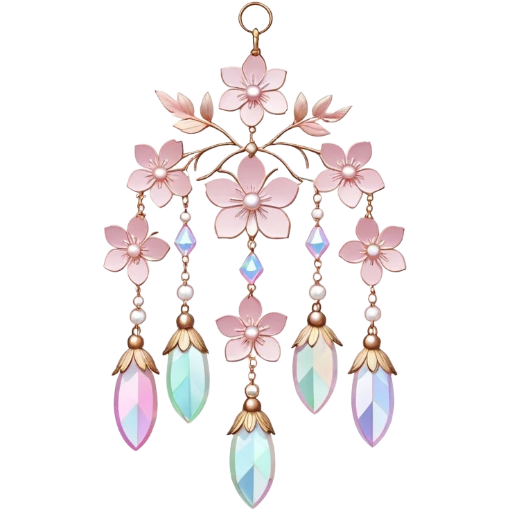 Hanging Iridescent pastel pink sakura crystals white-pearly suncatcher with bells and feathers emoji