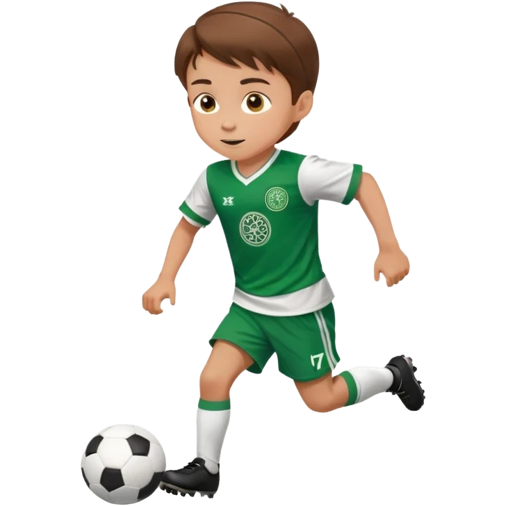 Brown hair 6 years old boy footballer RUNNING playing soccer wearing celtic uniform ( jersey) # 17 in the jersey !  emoji