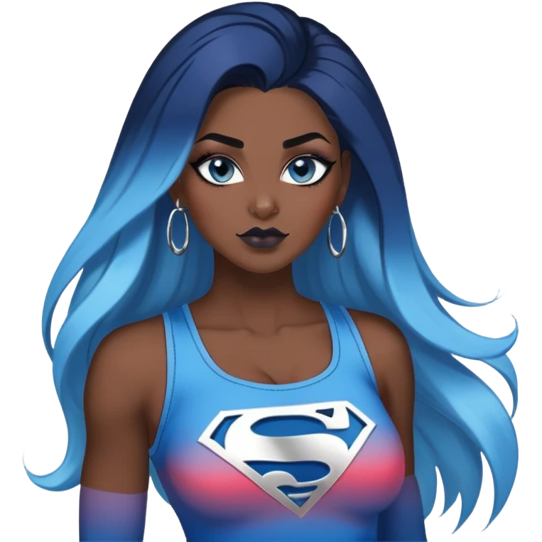 body with long legs-very very very large chest with clevage-sexy face-black leggings-puma hightops-very long very straight dark blue to light blue ombre hair-and-blue eyes-thick black eyeliner-thick long eyelashes-sky blue lowcut tanktop with glitter superman logo-silver hoop earrings emoji