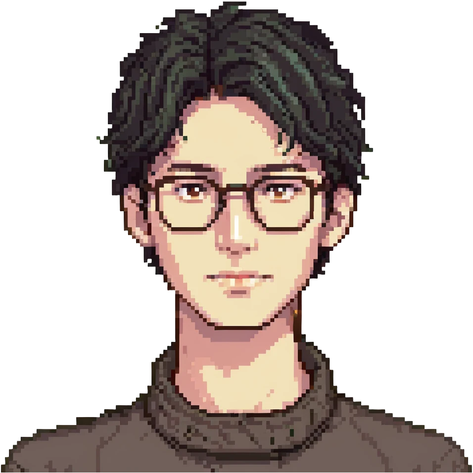a dark-haired guy with hair to his earlobes, square glasses, brown eyes emoji