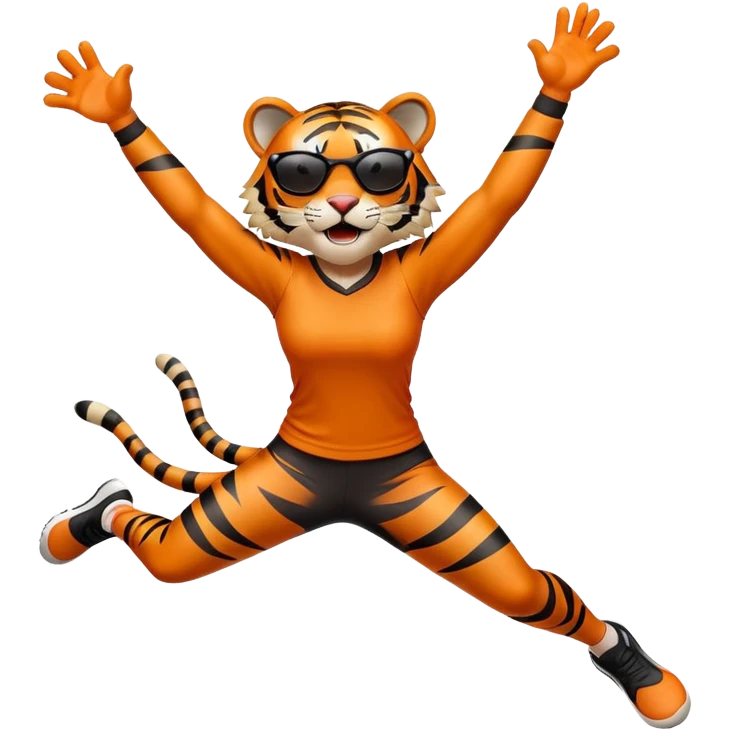 female energetic anthropomorphised tiger in sports clothes, wearing dark sunglasses, jumping with excitement, arms raised emoji