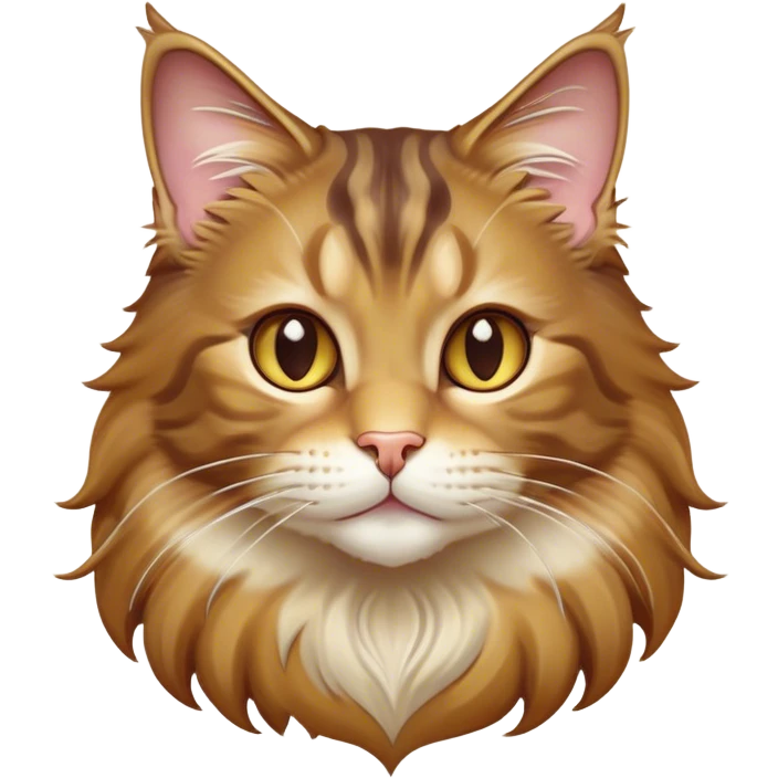 Cinematic Cute Maine Coon Cat Portrait Emoji, Head tilted playfully and inquisitively, sleek brown, gold, and cream tones, Simplified yet adorable features, highly detailed, glowing with a warm, friendly glow, high shine, curious and affectionate, stylized with a touch of whimsy, bright and alert, soft glowing outline, capturing the essence of a mischievous yet loving kitten, so endearing it feels like it could pounce out of the screen and play with its fluffy tail swishing! emoji