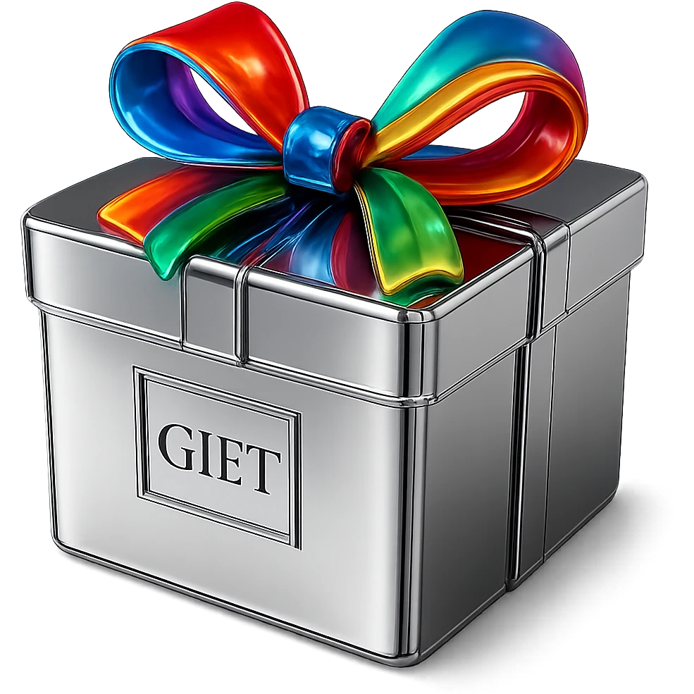 Make the bow on the chrome gift box colorful while keeping the box metallic and polished, no background. emoji