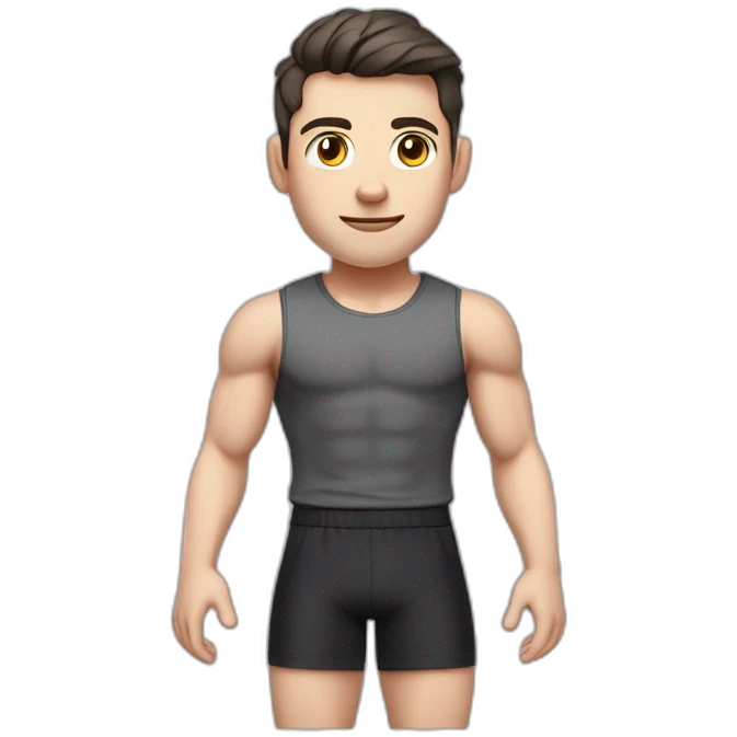 Pale skinned Fit Man With the biceps and dark brown hair in black shirt, gray sports shorts and white Sneakers Touches the back of the head emoji