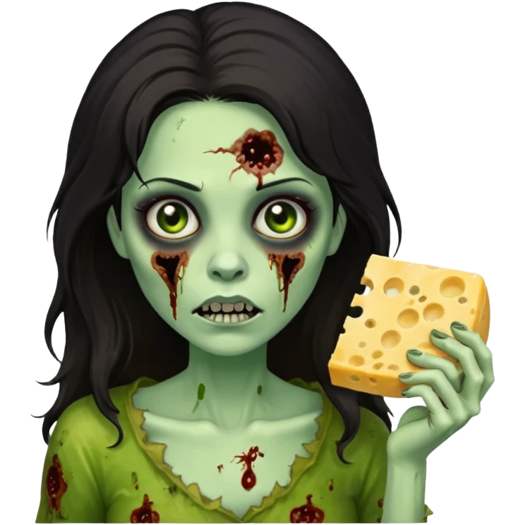 dark haired woman zombie holding moldy cheese piece emoji