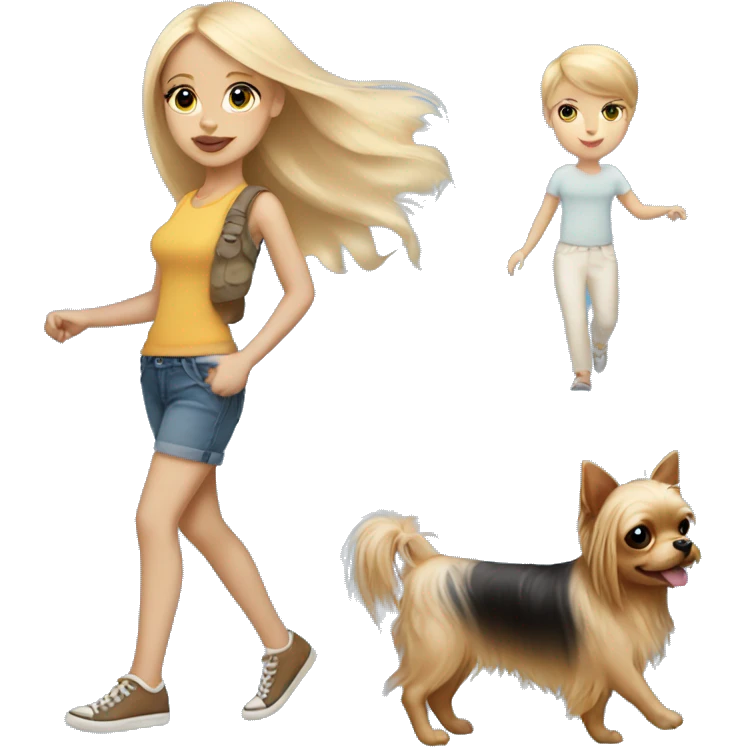 long blonde hair blue eyed girl walking chihuahua and yorkie emoji