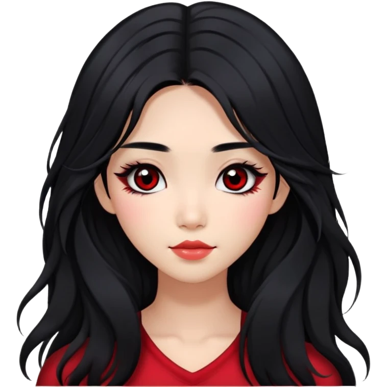 Asian girl with very long shaggy black hair, big black eyes. middle part hair. long lower lashes, cheekbones with red blush. big dimples. simple dark makeup.  emoji