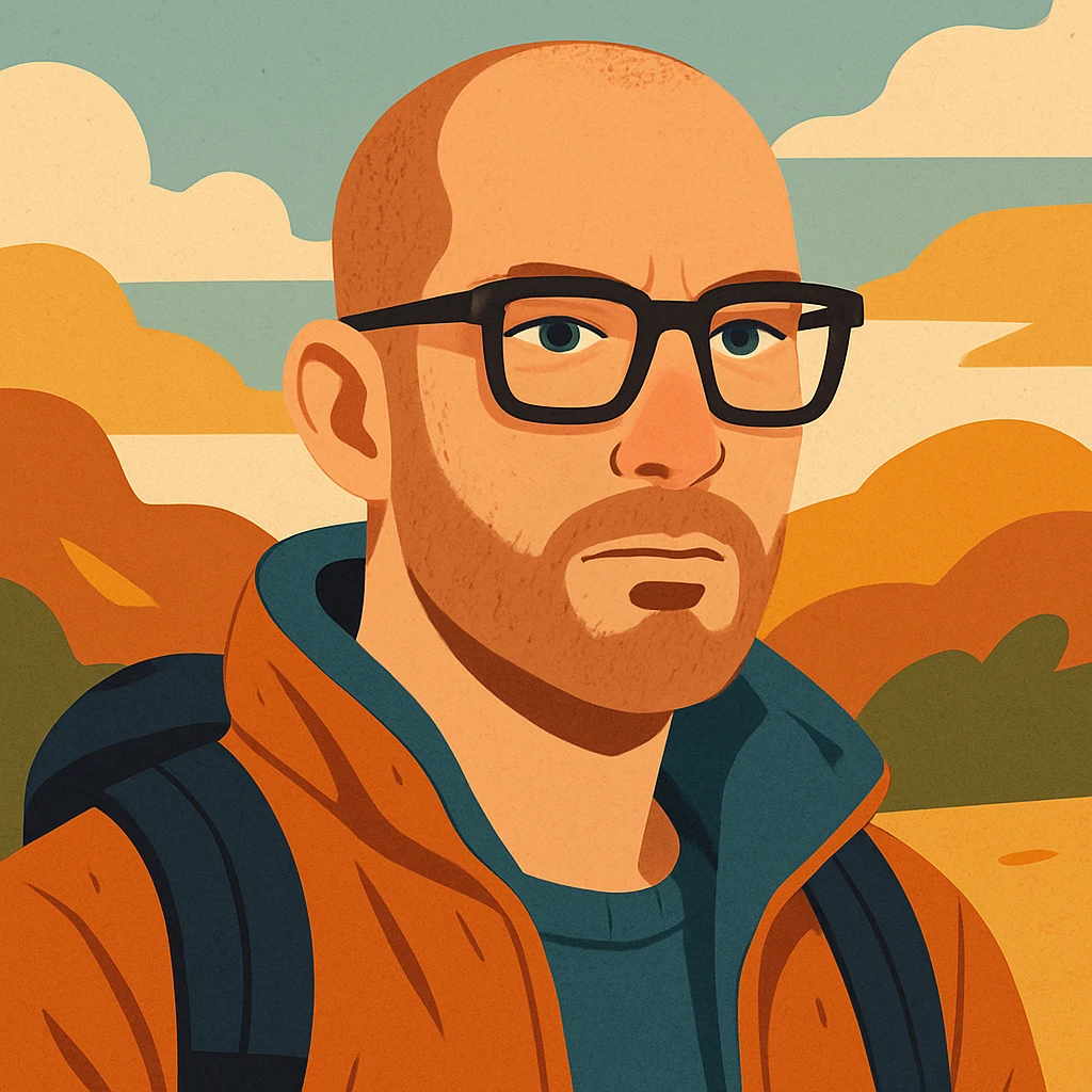 a bold man with a bit of ultra short hair, squared dark-framed glasses, blue eyes, looks like a traveler, modern illustration style emoji