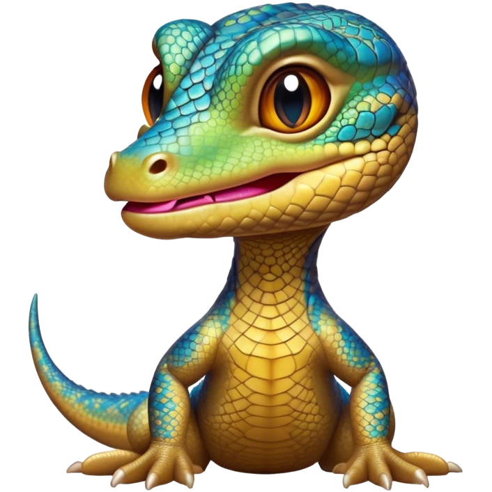 Cinematic Cute Monitor Lizard Portrait Emoji, Head tilted playfully and inquisitively, with a sleek, patterned body accented by vibrant hues and round, sparkling eyes full of wonder, Simplified yet irresistibly adorable features, highly detailed, glowing with a warm, friendly glow, high shine, affectionate and lively, stylized with a touch of exotic charm, bright and endearing, soft glowing outline, capturing the essence of a mischievous yet captivating lizard that seems as if it could scuttle out of the screen into your arms! emoji