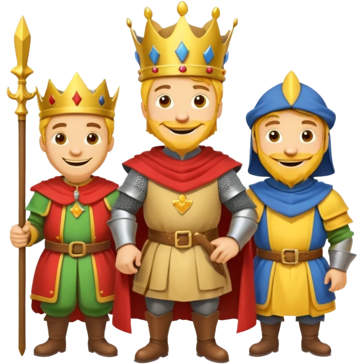 fait moi un Roi 1 Connétable un Chevalier un paysan et un Bouffon avec le style graphique cartoon et personnage jaune emoji