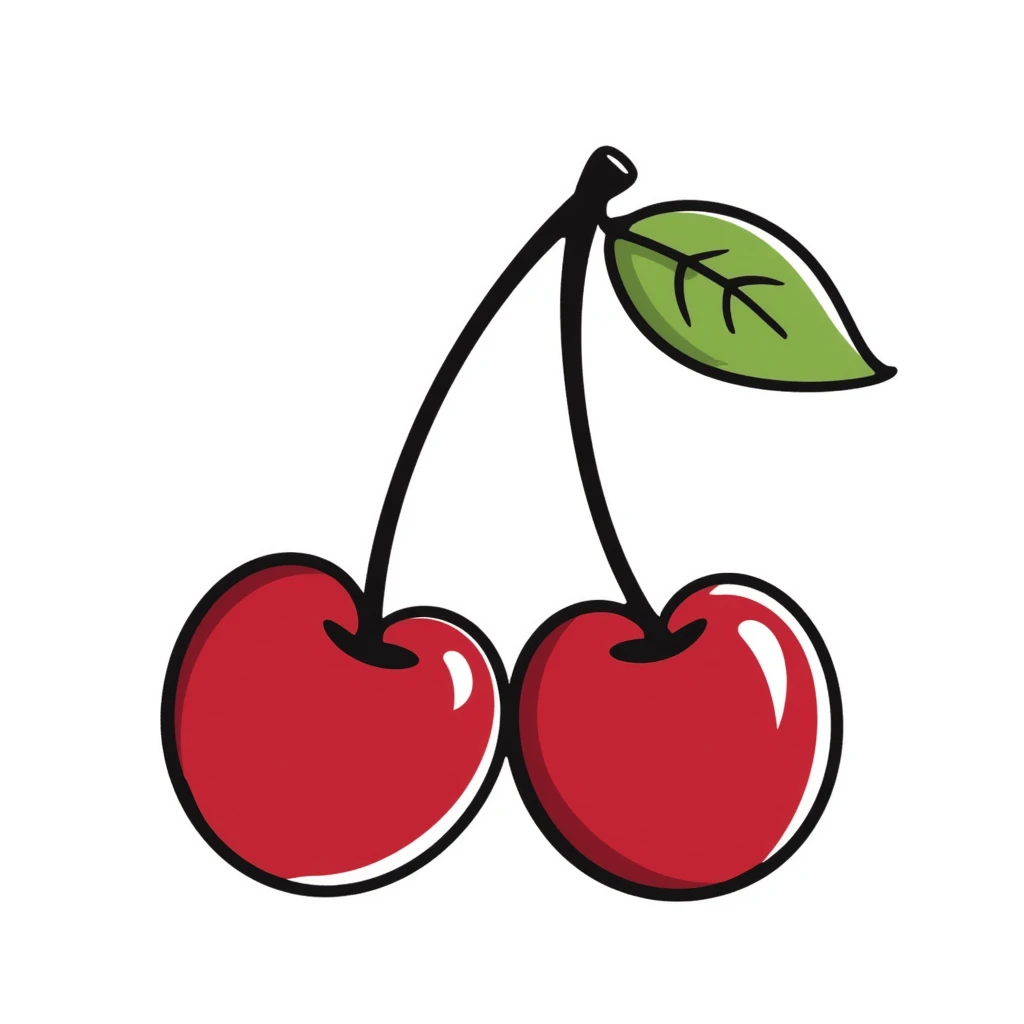 Hand-drawn pair of crimson red cherries with stem and leaves emoji