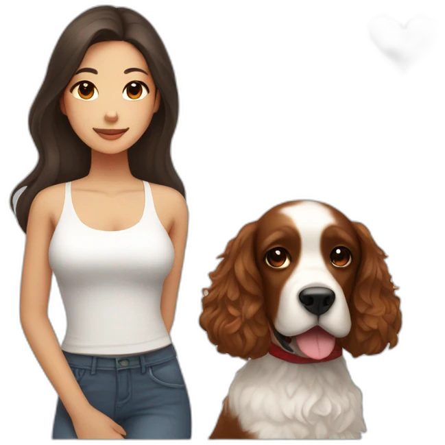 korean woman with long dark brown hair in a white singlet sits with red cocker spaniel emoji