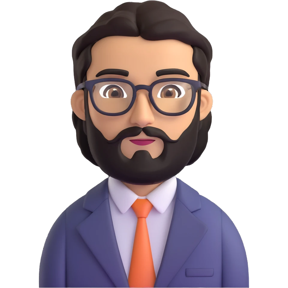 professional middle eastern businessman with medium length black beard, black hair, thick unibrow, elongated aquiline nose, tan skin, brown eyes, glasses, wearing a formal suit emoji