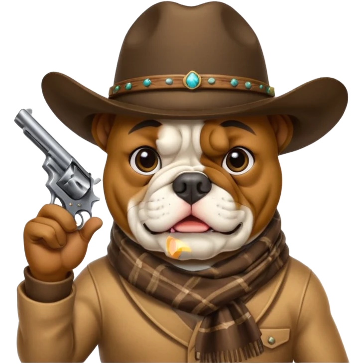 A bulldog wearing a cowboy hat, covering his mouth with a scarf so he wouldn't be recognized, pointing a revolver at you, telling you to hand over your money. emoji