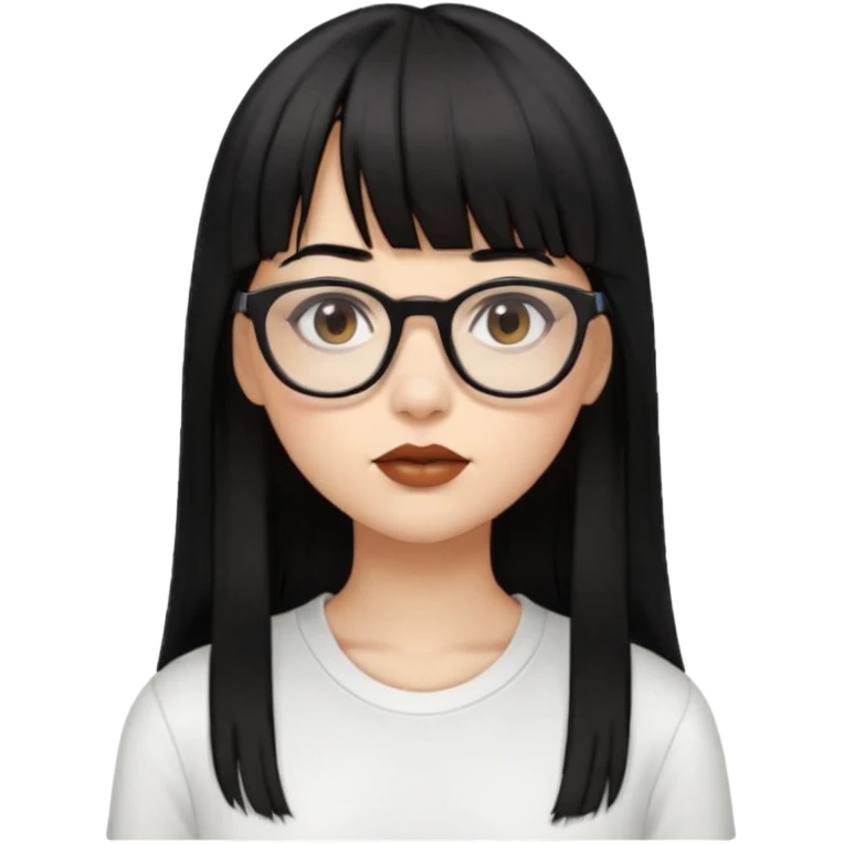 uma mulher snapchat icon, cor da pele normal, cabelo preto liso grande, solto grande com franja vegana, franja inteira curta, óculos pretos, com piercing na boca e nariz, olhos castanhos, camisa branca, a tela de fundo branca, coloque um brinco na boca e no nariz emoji