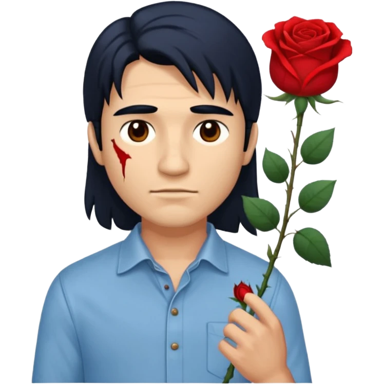 A man with a Yakut scar walks along one eye, one eye is brown and the other is light brown, he is wearing a shirt and pants, his hair is a little long, there is a small scar on his face and he is holding a rose in his hand. emoji