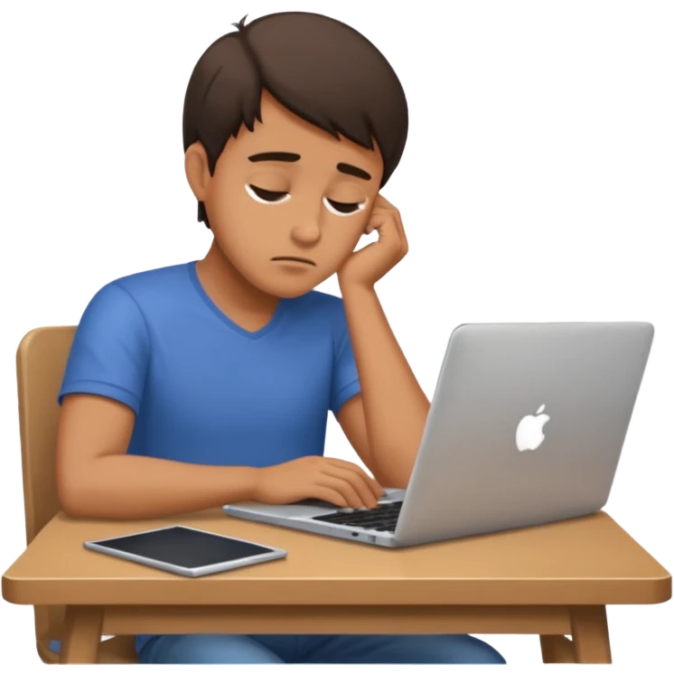 man at table with laptop, tired expression, dramatic posture emoji