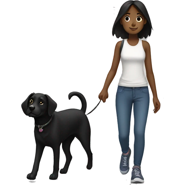Girl walk with a black dog with white Chest emoji