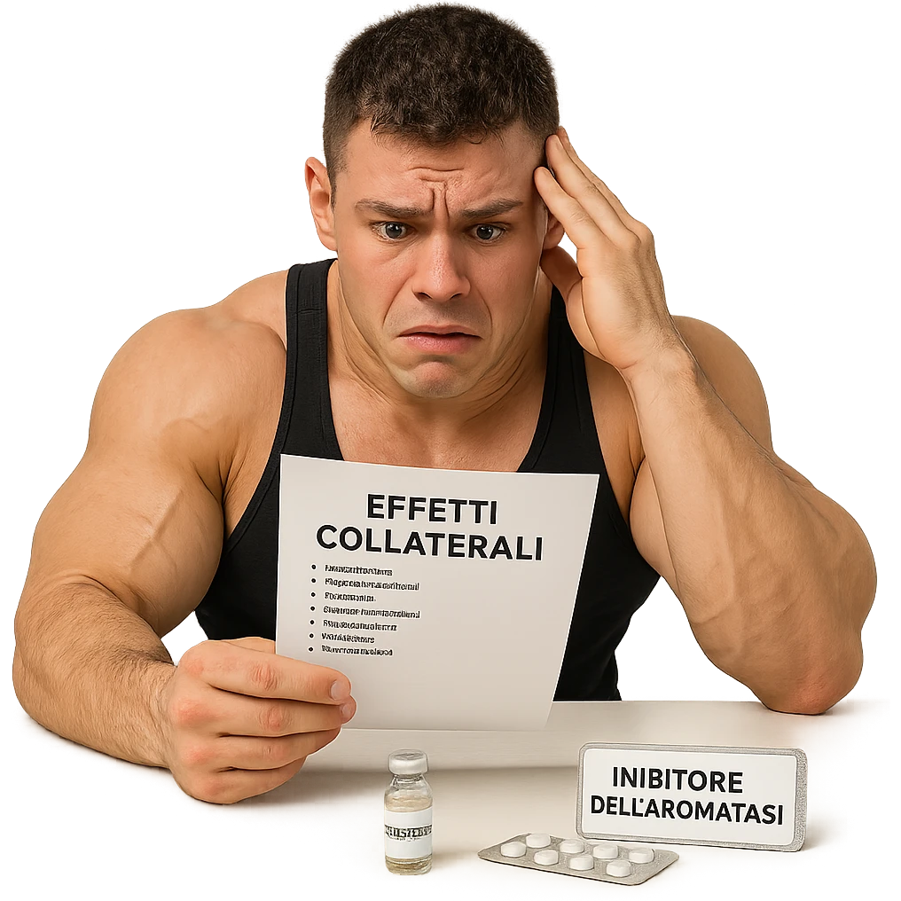beginner bodybuilder consulting list of side effects written in Italian, vial labeled 'Testosterone' and blister pack labeled 'Inibitore dell'aromatasi' on table, anxious expression, swollen muscles, white background, 4K quality emoji