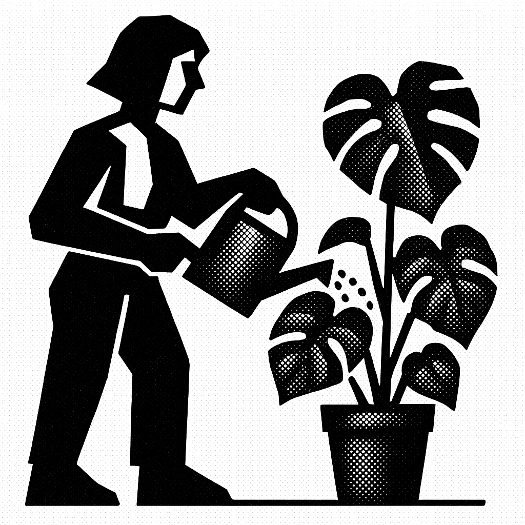 woman watering her monstera plant emoji