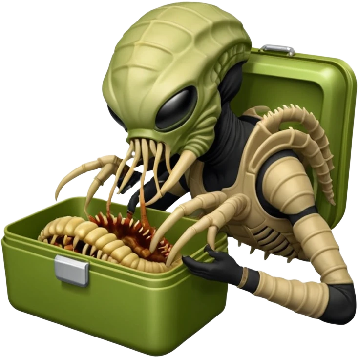 The Predator with mask and mouth piece eating an Alien facehugger from a lunchbox, the setting should be dark and real. emoji