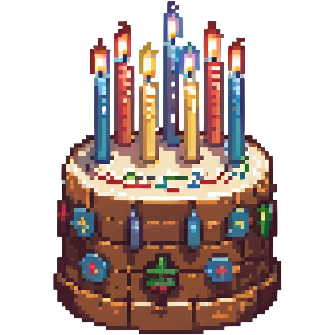 animated birthday cake, pixel art style, flickering candles, retro video game look emoji