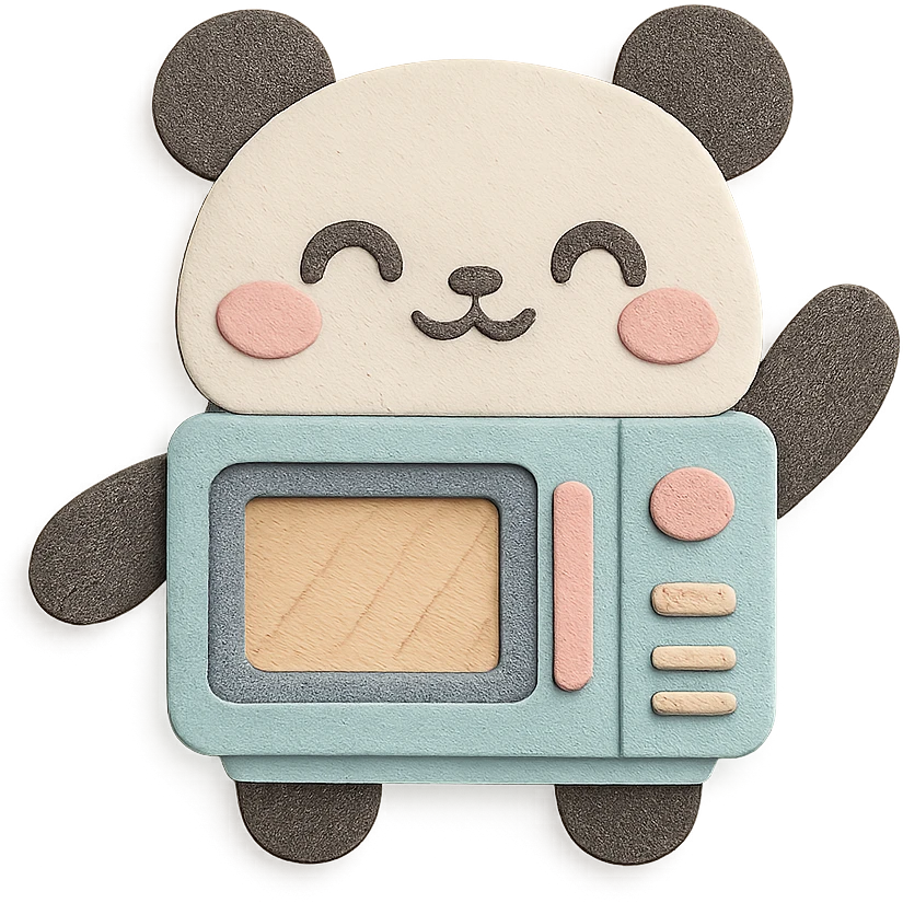 chibi-style microwave oven transformed into a fluffy panda, blushing and waving happily, soft pastel colors, full-body emoji