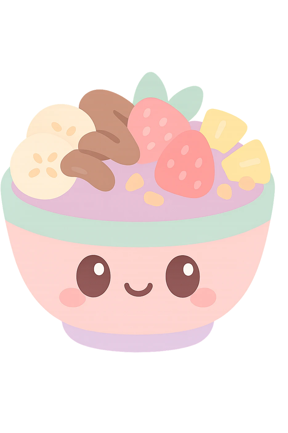 acai bowl topped with banana, strawberries, Nutella, pineapple, and granola, cute face on bowl, colorful and cheerful emoji