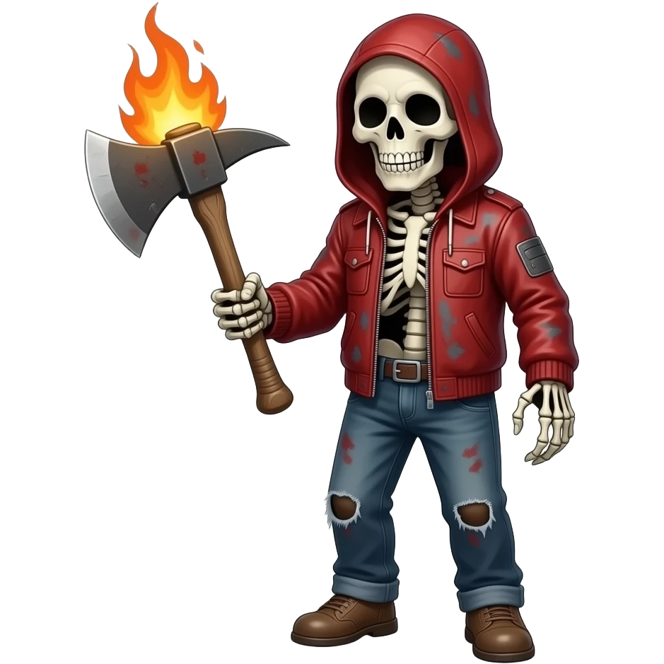 make me scary skeleton with red old and dirty jacket with hood  and let him hold fire axe emoji