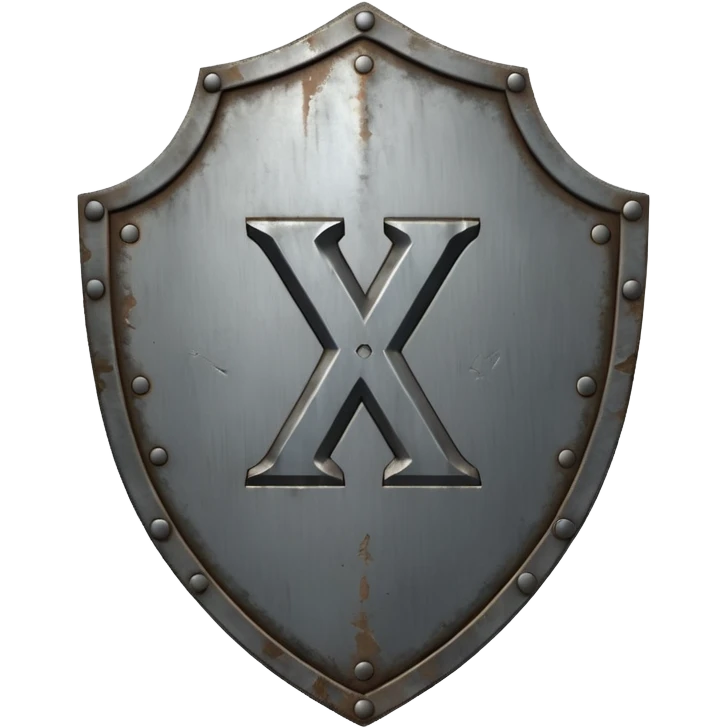 a battle worn steel shield with engraved roman numerals "XXX", the roman numerals should be prominent and in the center of the shield emoji