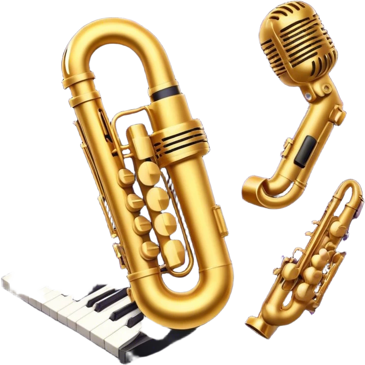 Create a vibrant and expressive emoji representing jazz vocal performance. The design should feature a vintage microphone at the center, surrounded by musical notes and soundwaves flowing outward, symbolizing the vocal improvisation and fluidity of jazz. Include key instruments often associated with jazz vocals, such as a jazz piano (stylized black keys) in the background and a saxophone or trumpet, giving it a true jazz vibe. Add soft lighting effects to evoke the intimate, atmospheric feel of a jazz club. Use rich colors like gold, black, deep purple, and red to reflect the soulful, smooth nature of jazz. The background should be transparent. emoji