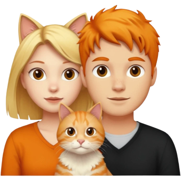 A blonde girl, a ginger cat, and a guy with black hair. emoji