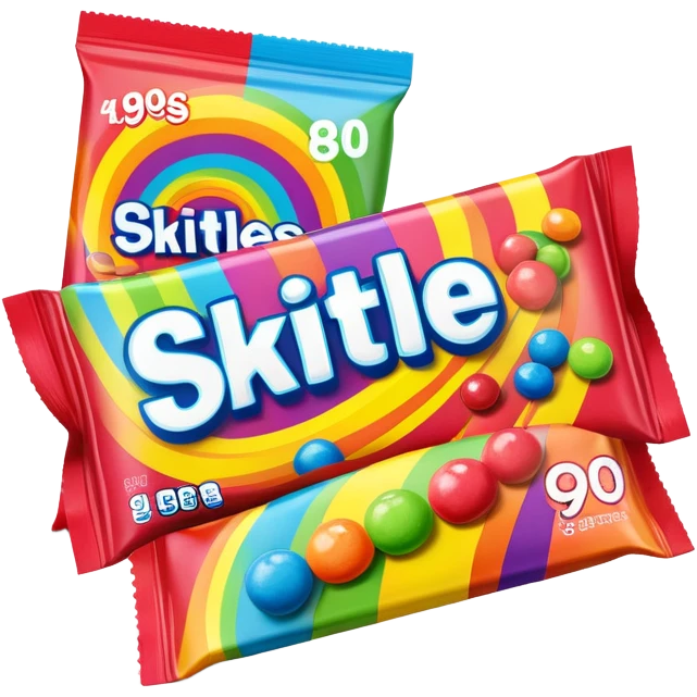A 90s American Skittles candy package with bold colors, retro design elements, original 90s packaging with bright rainbow colors emoji