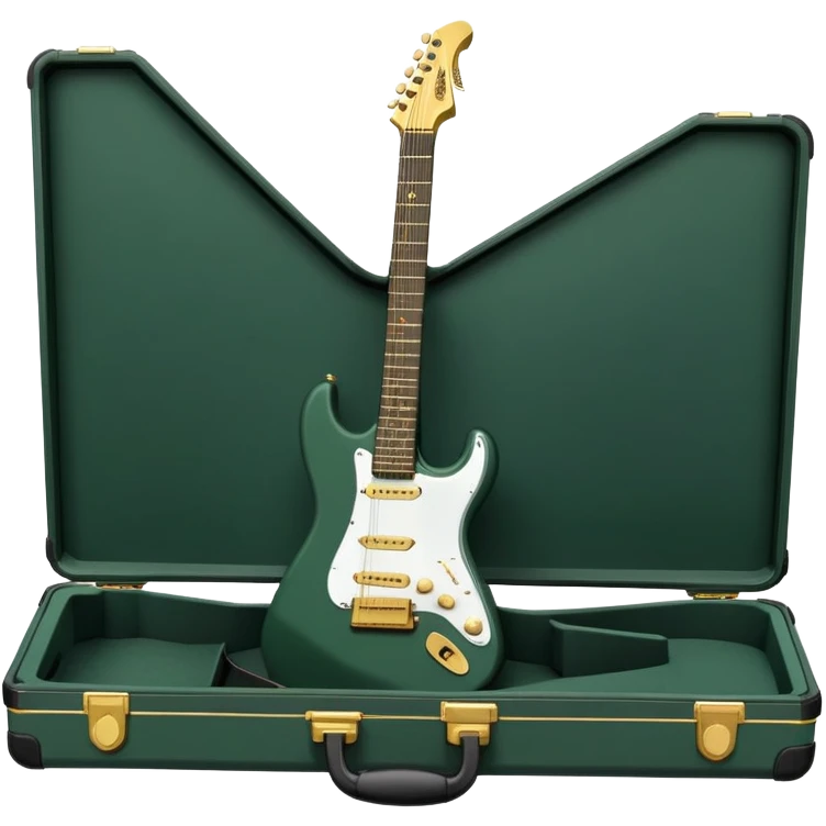 minimalist electric guitar in dark green, closed inside a black rectangular hard case with gold latches, soft matte textures, simplified details, ready-to-play symbol emoji