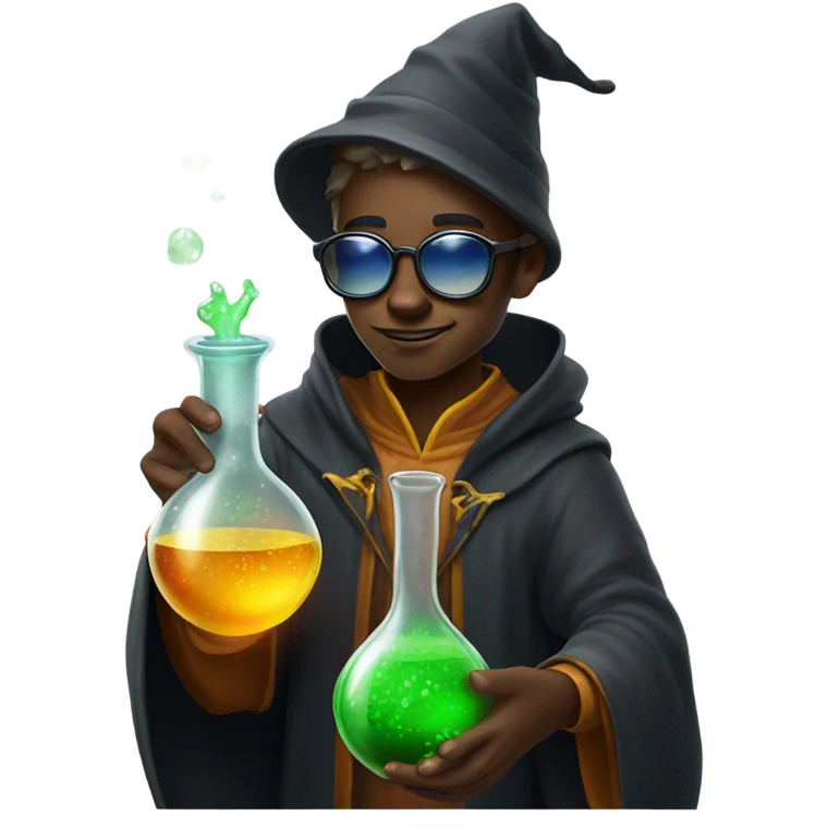 Young wizard mixing potions while wearing sunglasses emoji