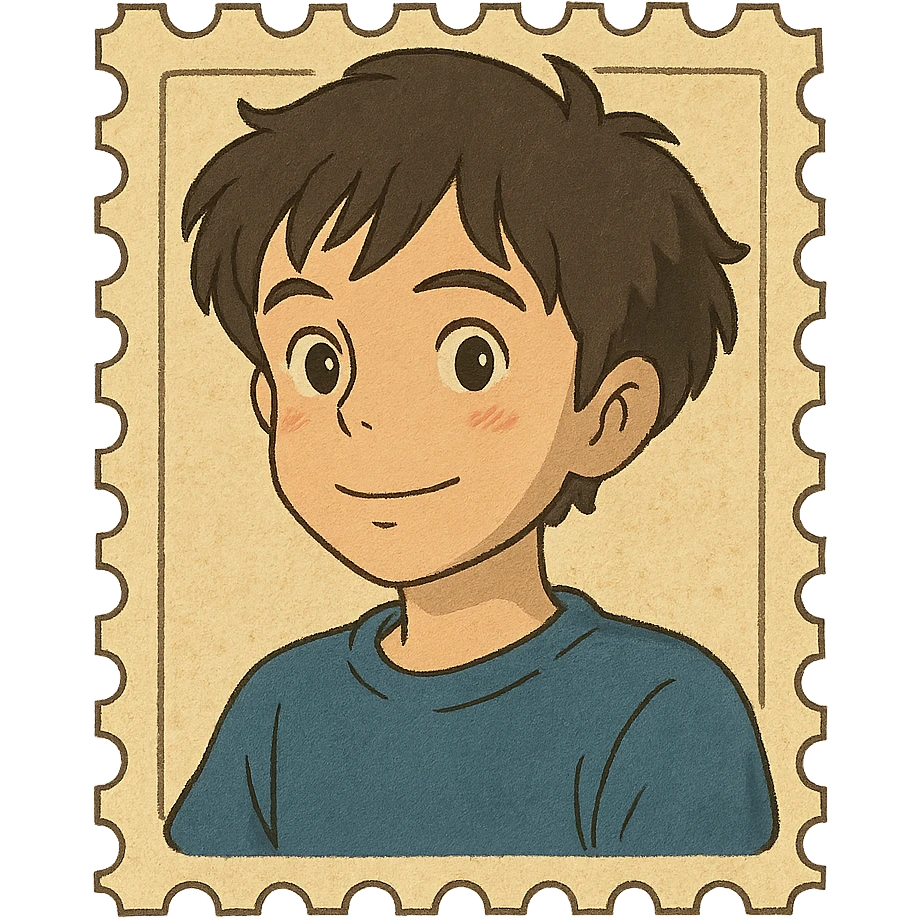 boy with slightly wavy hair designed as a letter stamp emoji