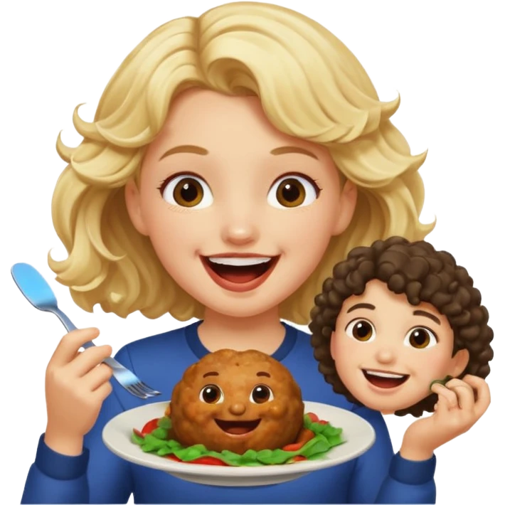 Ragazza bionda leggermente mossa che ride ad un ragazzo con i capelli ricci scuri mentre mangia polpette emoji