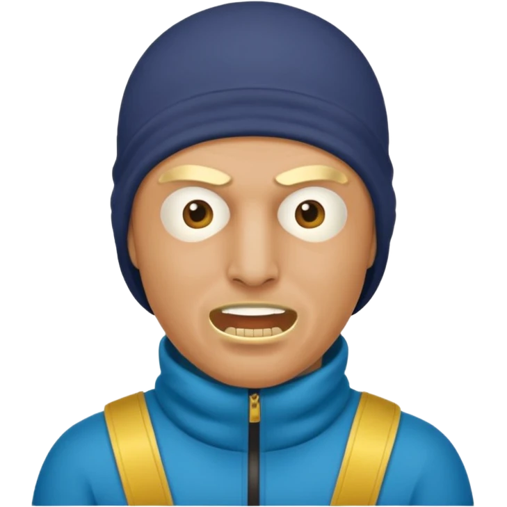 A bald guy wearing a ski mask with gold teeth emoji