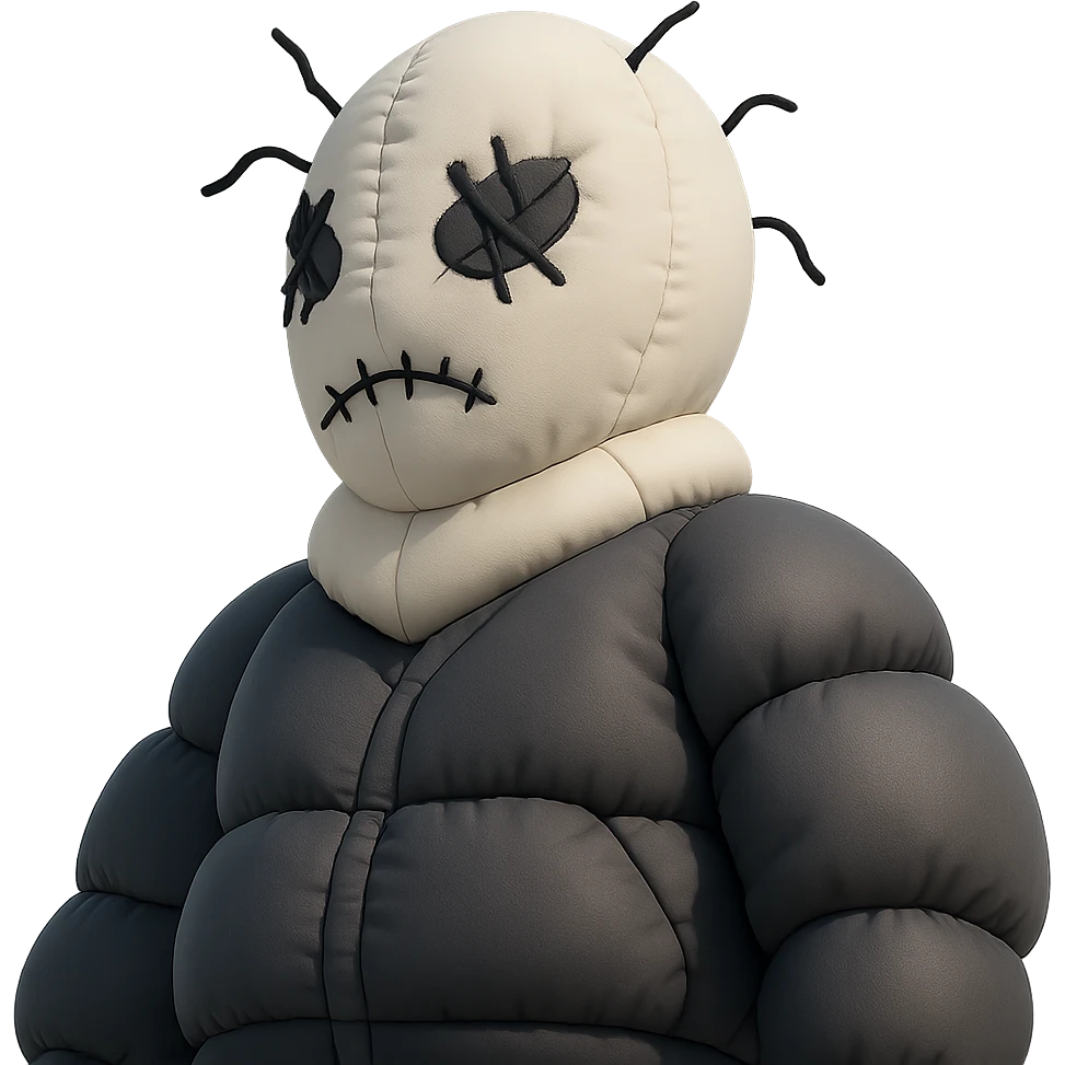 This image shows a person wearing a unique and artistic outfit. The perspective is shot from a low angle, making the figure appear imposing and dramatic. Here are the key elements:
	•	Headgear: The person is wearing a white knitted balaclava-style mask with black, irregular stitched designs and protruding black threads, giving it a surreal or avant-garde look.
	•	Clothing: The outfit appears to be a dark, possibly custom or streetwear-style jacket with visible seam or pattern details.
	•	Setting: The background is minimalistic, featuring clean white walls and sharp architectural lines, contributing to a modern and abstract aesthetic.
	•	Vibe: The overall feel is edgy, mysterious, and highly stylized—reminiscent of conceptual fashion photography or art-driven editorial shoots. emoji