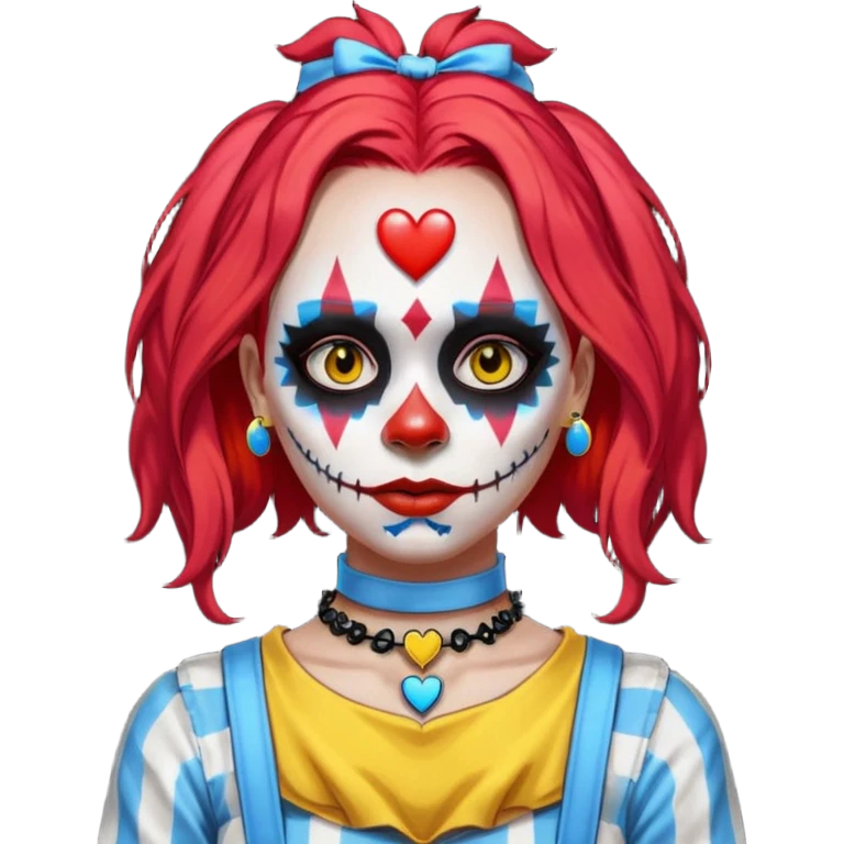 wendy thomas  the clown from gta rp nopixel she has a blue sun on covering right eye with three yellow lines below her right eye and above her left eye. she has long bright red hair and light blue eyes with ablack heart choker and black bunny ears. with a skeleton shirt emoji