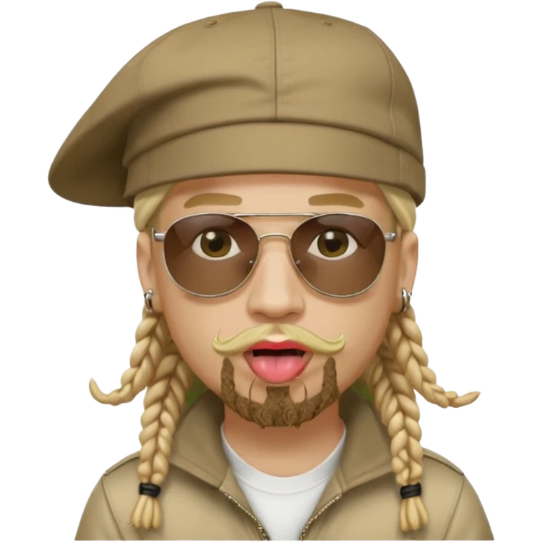 White rapper with tongue out blonde goatee and Dooley hair under rapper hat cap sunglasses emoji