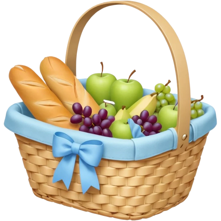 A white Picnic basket with pastel blue bow，contained baguettes and fruit, emoji