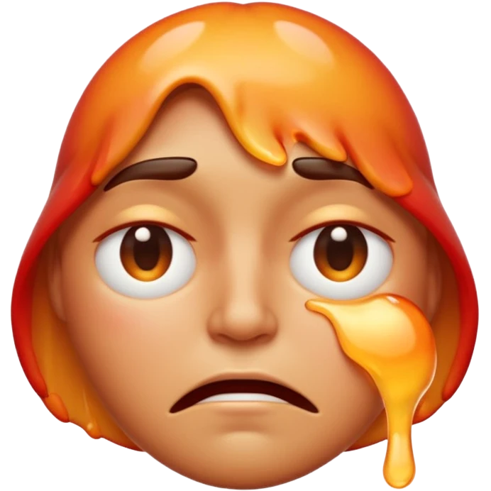 Apple-style emoji illustration of a person melted, overheated face with sweat drops, half-closed exhausted eyes, annoyed or angry expression, warm orange and red tones, soft 3D emoji style, smooth gradients, rounded shapes, centered composition. emoji
