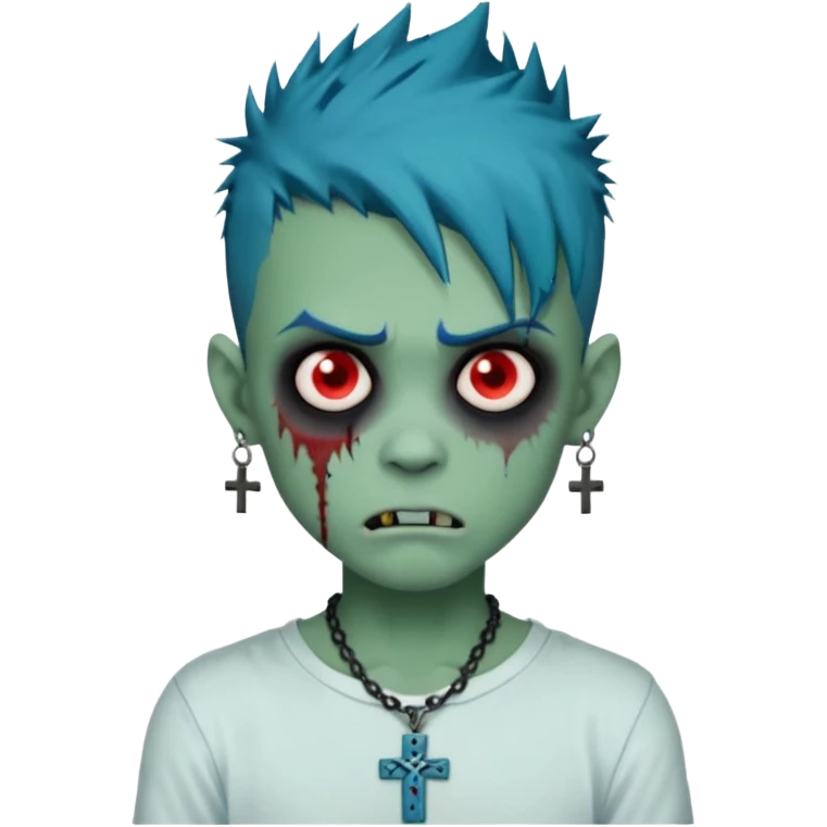 zombie boy with spiky emo blue hair and white shirt , tattos, a risk on the eyebrow, earings,  a necklace with a cross, green skin, shaggy, dark, spooky, creepy expression emoji  emoji