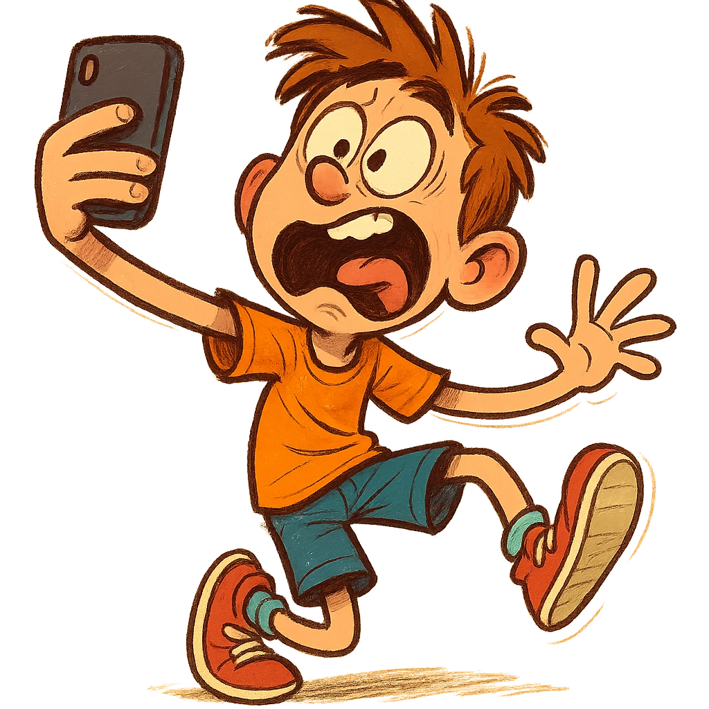 a boy taking a selfie awkwardly, fun and expressive style emoji