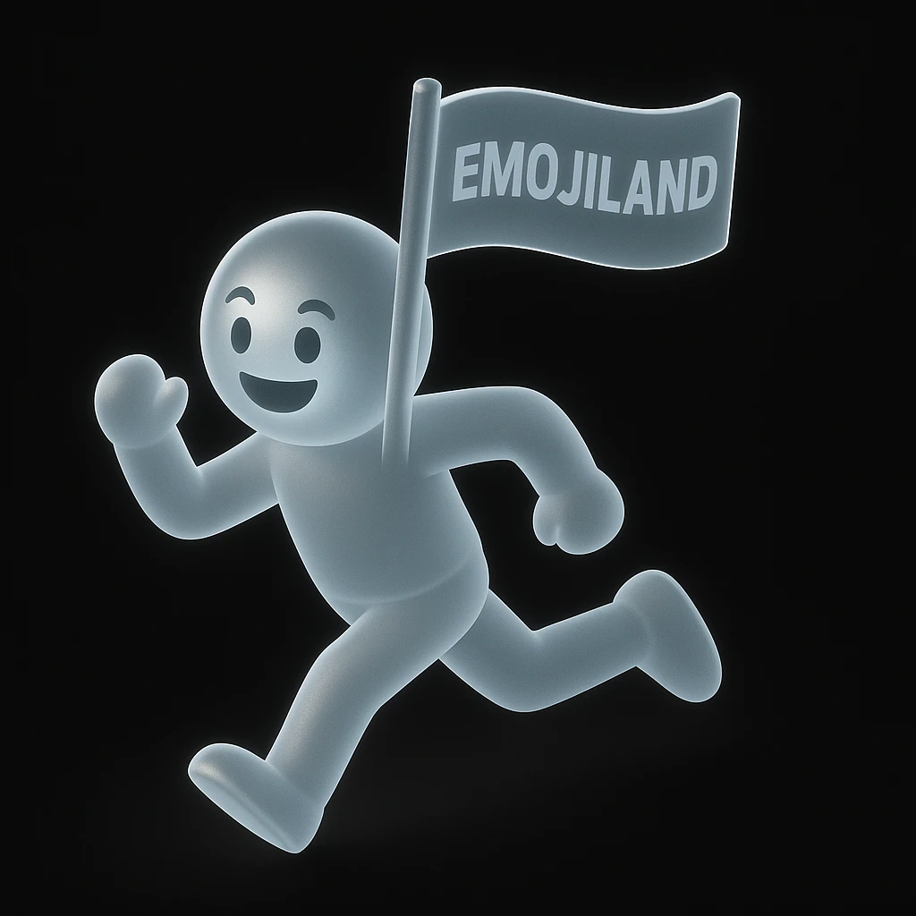 happy runner waving a flag that says 'emojiland' emoji