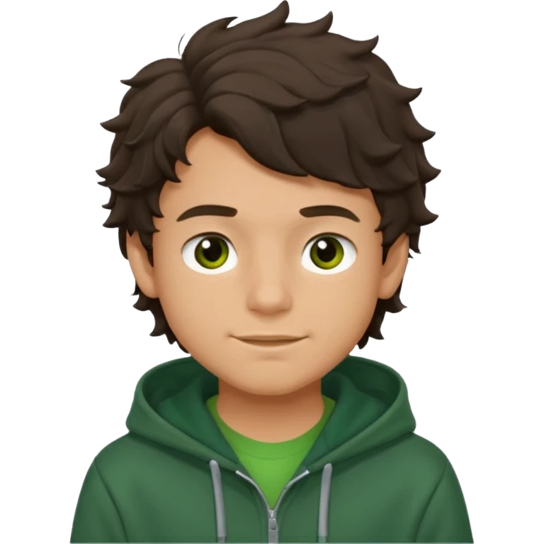 a 14 year old slightly tanned teenage boy with dark brown tousled wavy hair, dark brown eyes wearing a green tshirt, with a dark green hoodie overcoat. smirking emoji